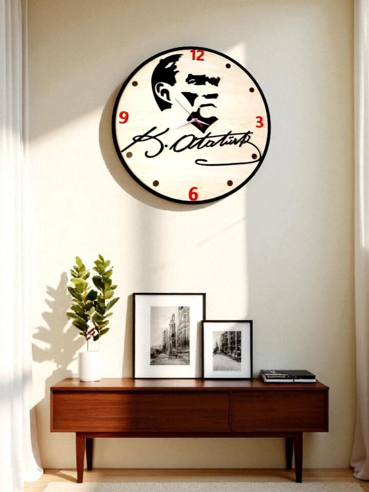 Atatürk Ve İmzası Detaylı Siyah-Kırmızı Duvar Saati