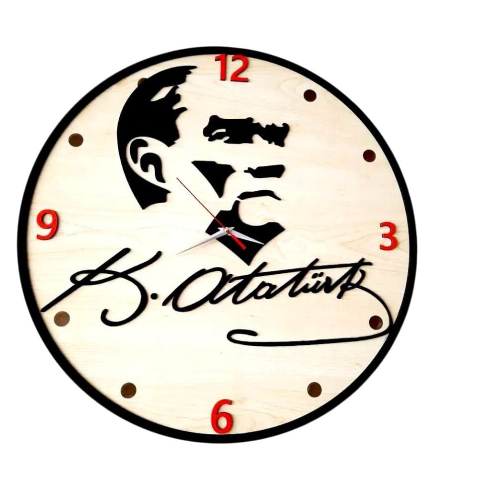 Atatürk Ve İmzası Detaylı Siyah-Kırmızı Duvar Saati