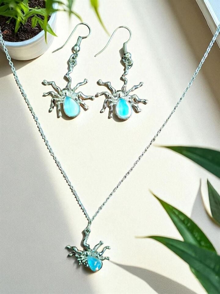 Mavi Taşlı Örümcek Kolye Küpe Takım