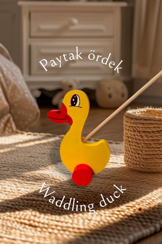 Montessori Ahşap Oyuncak, Küçük Itme Oyuncak, Sarı Ahşap Ördek Oyuncak