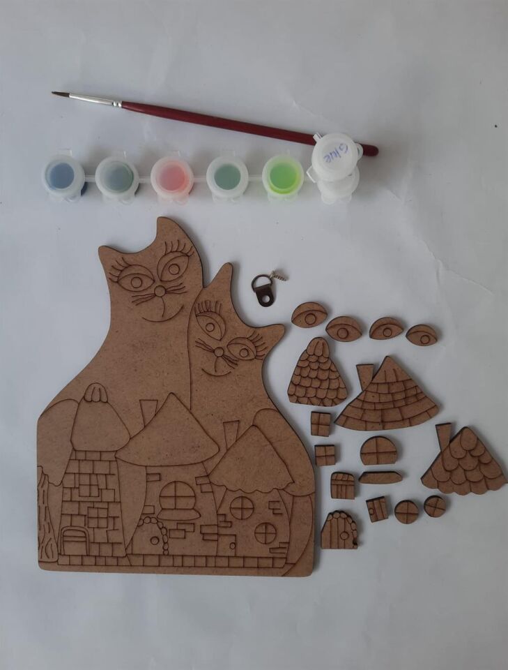 Kedi ve Evler 27 Parça Ahşap Boyama Seti