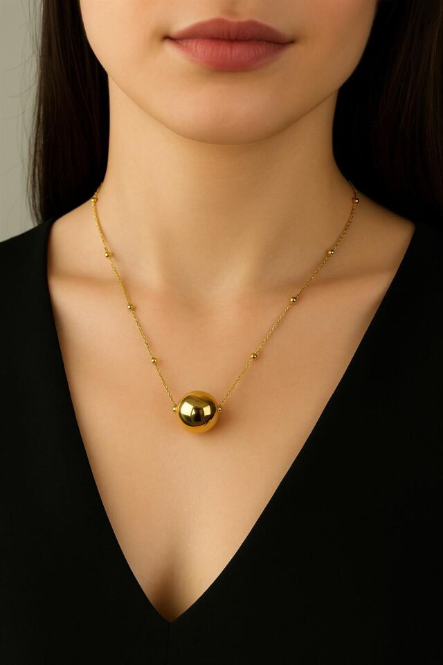 Altın Renk Top Zincir Kadın Küre Uçlu Minimal Zincir Çelik Kolye
