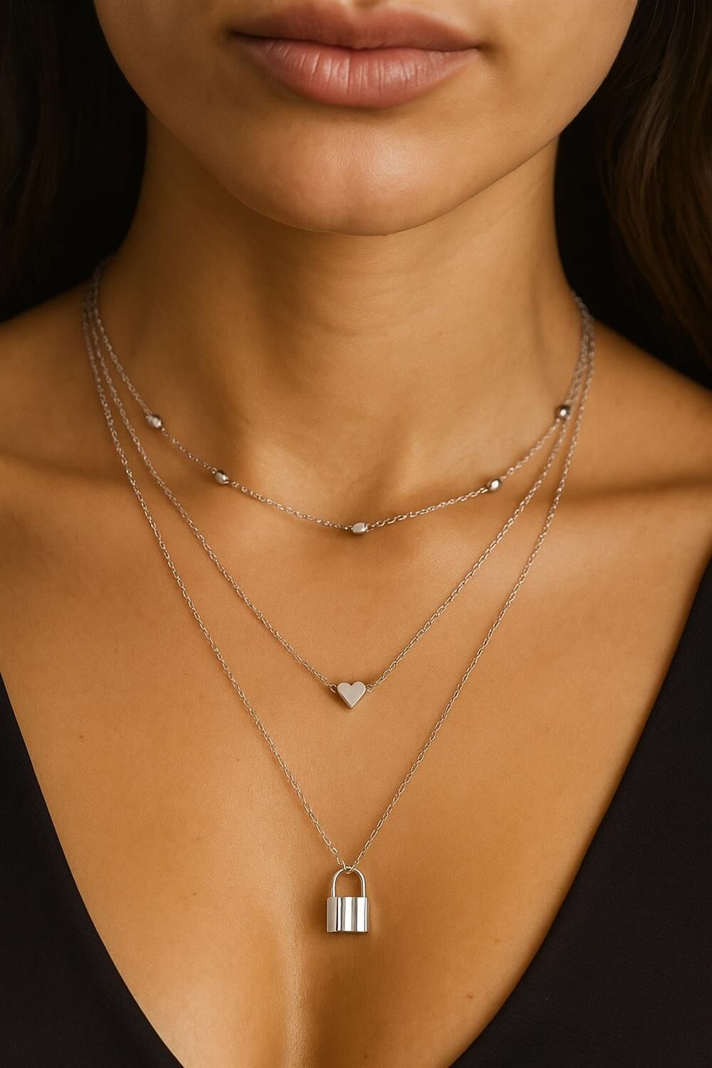 Gümüş Rengi Kilit Ve Kalp Charm Katmanlı Kolye