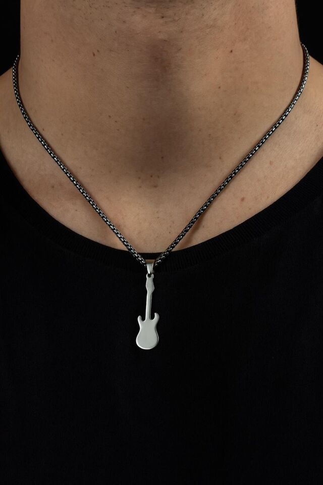 Gümüş Renk Gitar Model Unisex Arnavut Zincir Çelik Kolye