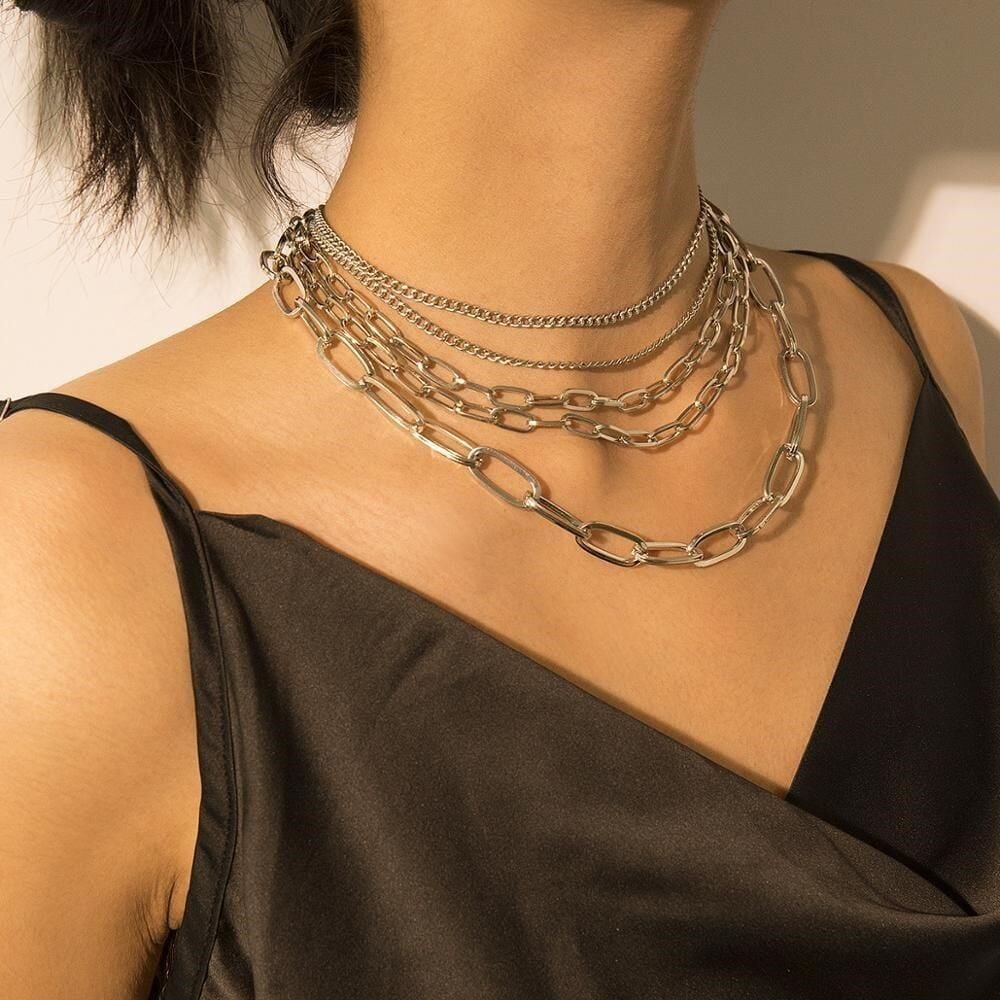 Gümüş Renk Çok Katmanlı Kolye Punk Trendy Gerdanlık Kolye
