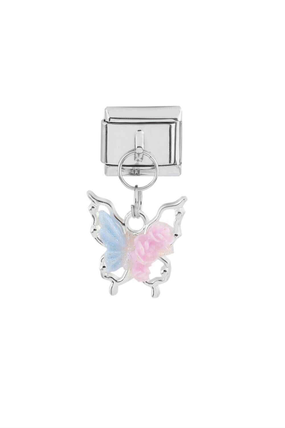 GÜMÜŞ MAVİ PEMBE KELEBEK ÇELİK CHARM