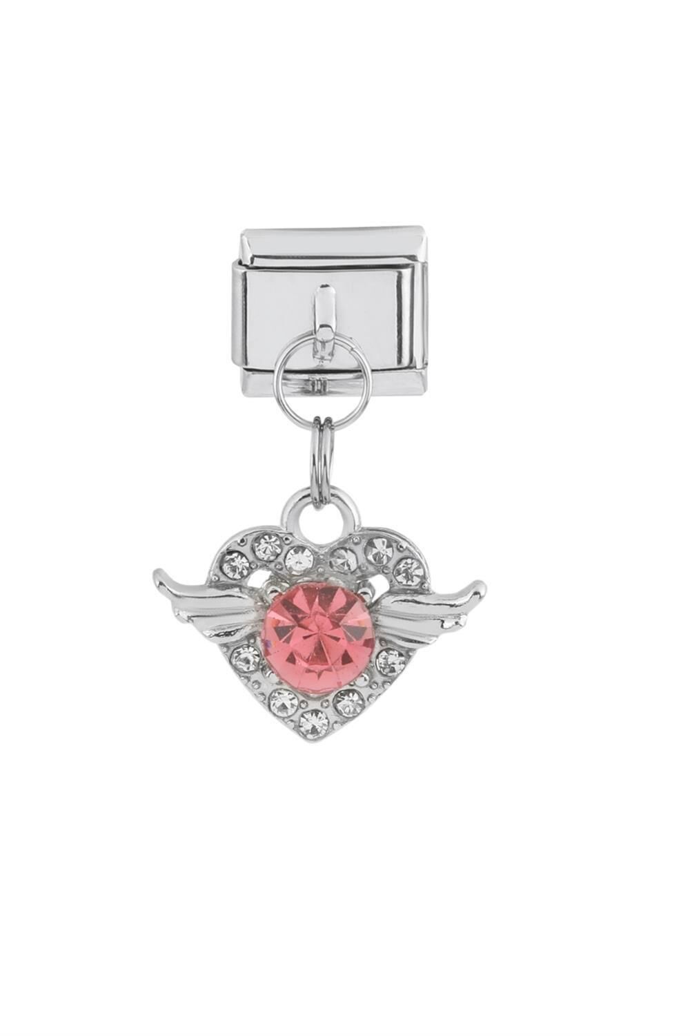 GÜMÜŞ PEMBE TAŞLI KANATLI KALP ÇELİK CHARM